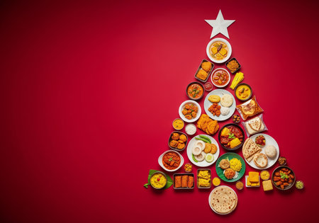 Christmas tree made of food on red background. Christmas food concept.の素材