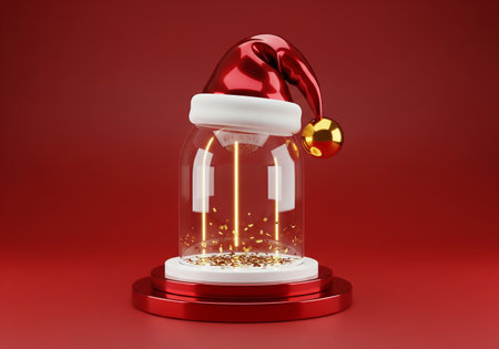 Christmas snow globe with santa hat on red background. 3d illustrationの素材