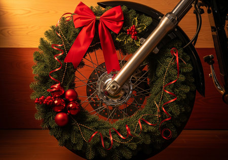 Bike wheel with christmas wreath on a wooden background.の素材