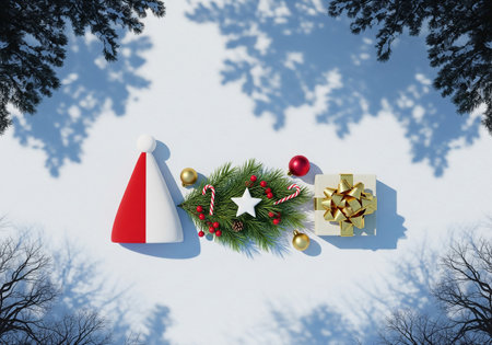 Christmas and New Year background with fir tree branches, gift boxes and Santa Claus hat. Top viewの素材