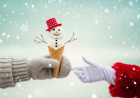 Snowman and Santa Claus hands holding ice cream cone on snowy backgroundの素材