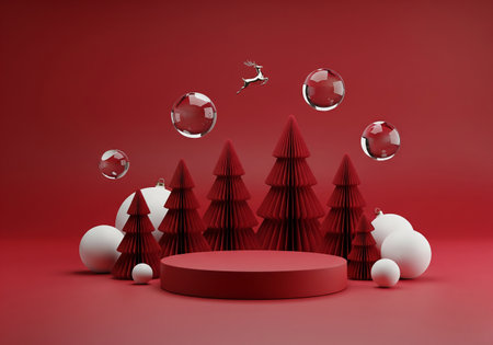 3d render of Christmas background with podium and Christmas ornamentsの素材