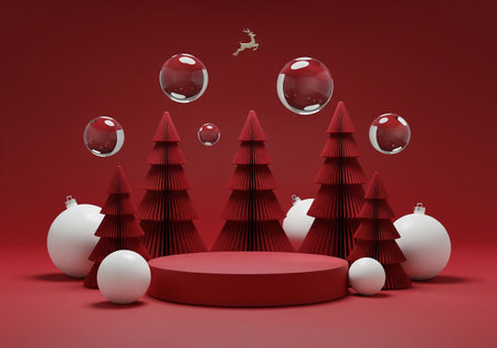 3d render of christmas podium with baubles and treesの素材