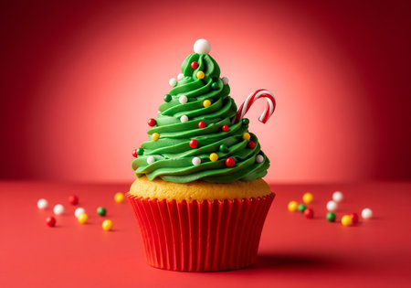 Cupcake with Christmas tree and candy canes on red backgroundの素材
