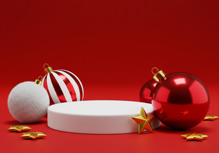 3d rendering of red and white christmas baubles and podium on red backgroundの素材