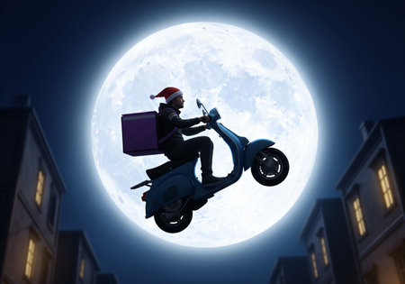 Santa Claus riding a scooter in the night city. Mixed mediaの素材