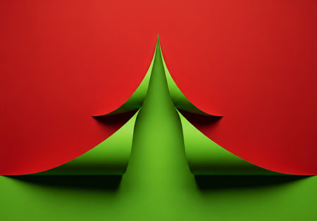 Christmas tree made of green paper on red background. 3d illustrationの素材