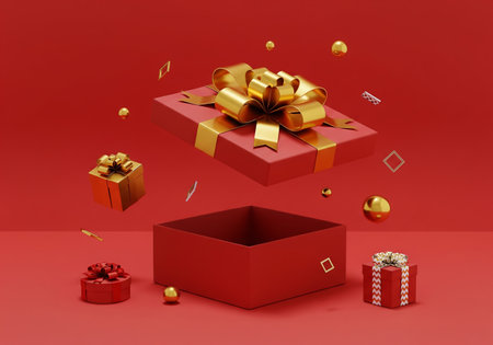 Open red gift box with gold bow and confetti. 3d renderingの素材