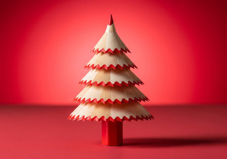 Wooden pencils in the shape of a Christmas tree on a red backgroundの素材