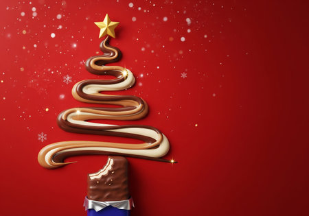 Christmas tree made of chocolate on red background. 3d illustration.の素材