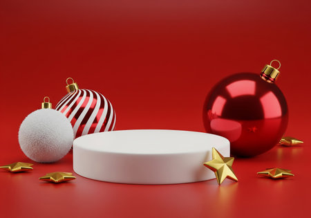 3d render of white podium with christmas balls on red backgroundの素材