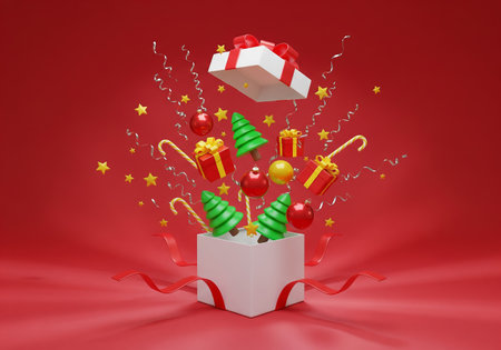 christmas gift box 3d render on red background with confettiの素材
