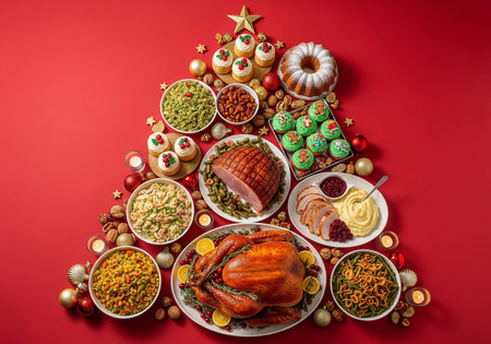 Christmas tree made of food on a red background. Christmas and New Year conceptの素材