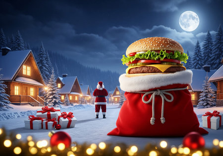 Santa claus with a bag full of gifts against christmas sceneの素材