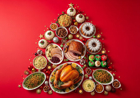 Christmas tree made of food on red background. Top view, flat layの素材