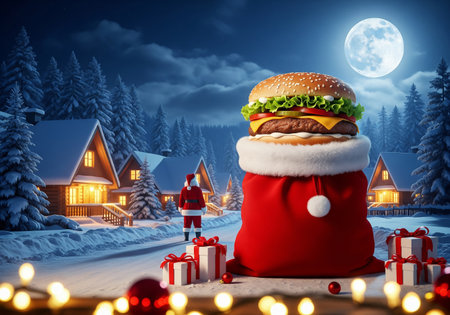 Huge cheeseburger with santa claus and christmas giftsの素材