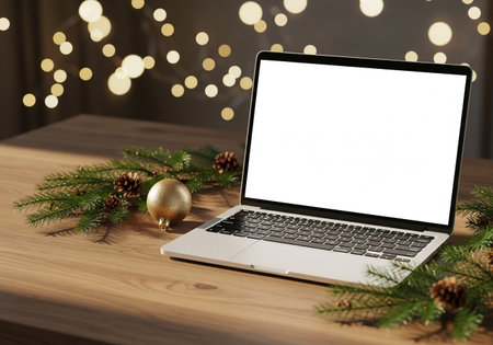 Mockup laptop with blank screen on wooden table with Christmas decorations.の素材