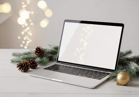 Laptop with blank screen and christmas decoration on white wooden tableの素材