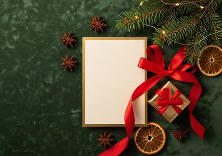 Christmas greeting card mockup with golden gift box and fir tree branches on green backgroundの素材