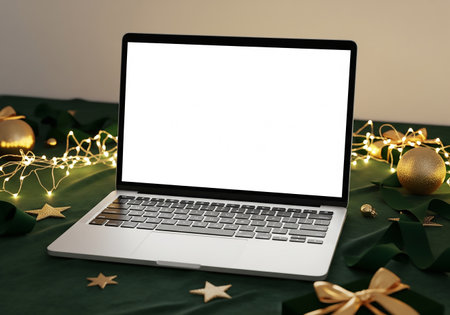 Laptop with blank screen on green background with christmas decorations.の素材