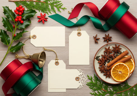Christmas greeting card mockup on wooden background. Top view with copy space.の素材