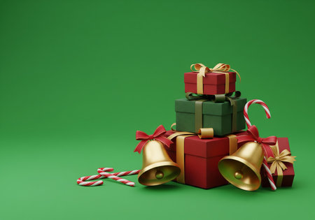 3d illustration of Christmas gifts with bells and candy cane on green backgroundの素材