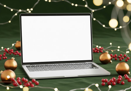 Laptop with blank screen on christmas background. 3d renderの素材
