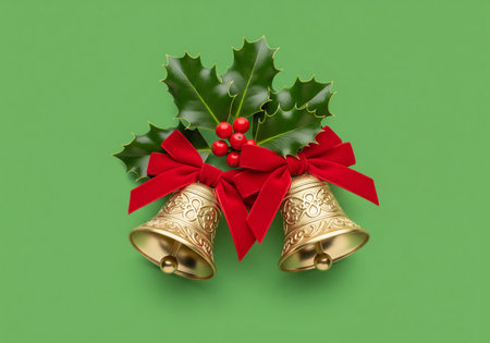 Christmas bells with holly leaves and red bow on a green backgroundの素材
