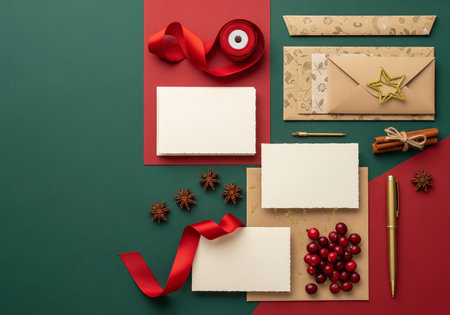 Christmas greeting card mockup with envelope, red ribbon, cinnamon and star anise on green backgroundの素材