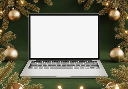 Laptop with blank screen and christmas tree branches on green backgroundの素材