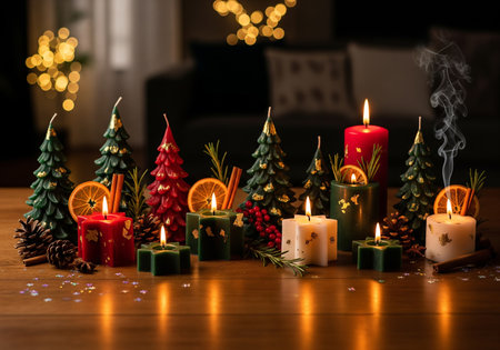 Christmas decoration with burning candles and fir tree on wooden table in living roomの素材