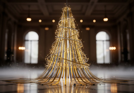 3d render of golden christmas tree with bokeh lightsの素材