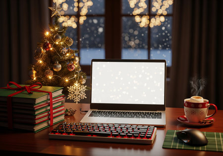 Laptop with blank screen and christmas tree on the background.の素材