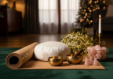 Religious symbols in the interior of the room with christmas treeの素材