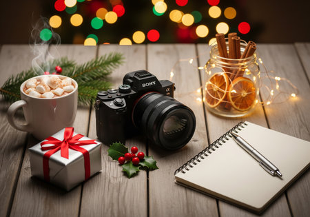 Christmas photo camera, cup of hot cocoa with marshmallow, gift box and notebook on wooden tableの素材