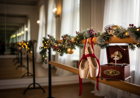 Wedding rings on the background of a window with Christmas decorationsの素材