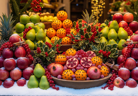 Fruits and vegetables for sale at the Christmas market in Vienna, Austriaの素材