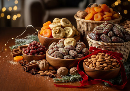 Dried fruits and nuts in bowl on wooden table, closeupの素材