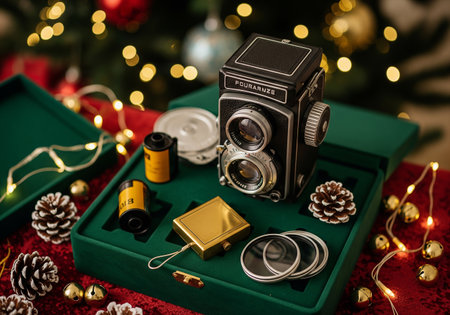 Vintage camera on a green box on the background of a Christmas treeの素材