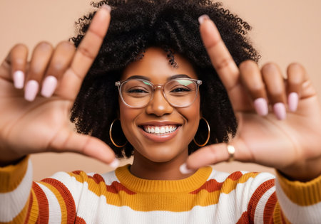 Portrait of a happy young african american woman in eyeglassesの素材