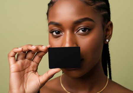 beautiful african american woman holding credit card, isolated on greyの素材