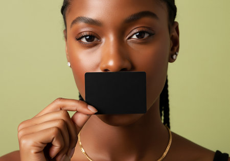 young african american woman holding credit card, isolated on greenの素材