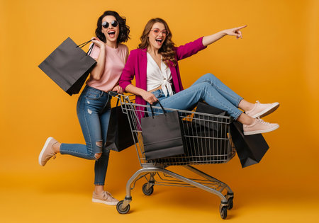 Full length portrait of two cheerful young women in sunglasses holding shopping bags and pointing finger aside isolated over yellow backgroundの素材