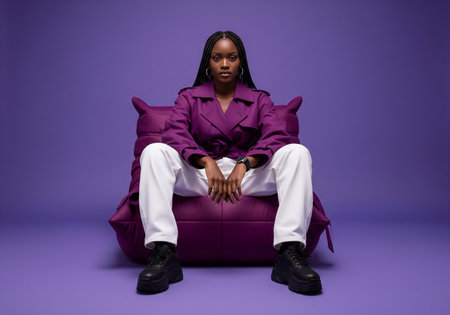 stylish african american woman in purple suit sitting on sofa and looking at cameraの素材