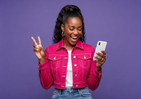 Cheerful african american woman showing peace sign and using smartphone isolated over violet backgroundの素材