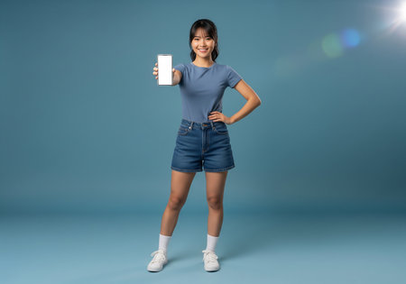 Full length portrait of a smiling asian woman holding smartphone on blue backgroundの素材
