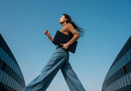 low angle view of young businesswoman holding laptop and walking on streetの素材