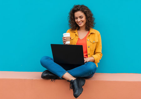 Smiling young woman sitting on the wall with laptop and coffee to goの素材