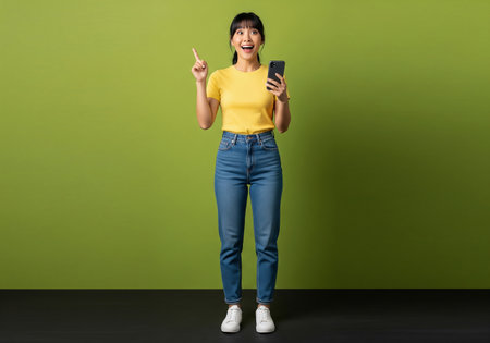 Full length portrait of a smiling young asian woman using mobile phone while standing against green backgroundの素材