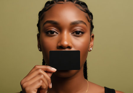 young african american woman holding credit card, isolated on greenの素材